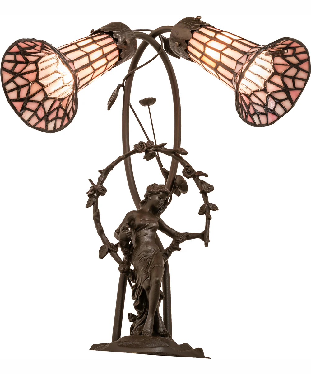 17" High Stained Glass Pond Lily 2 Light Trellis Girl Accent Lamp - Image 6