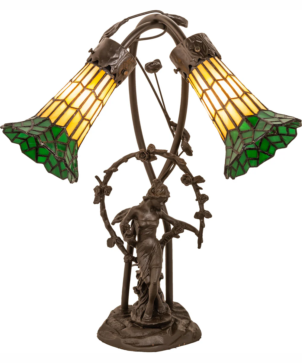 17" High Stained Glass Pond Lily 2 Light Trellis Girl Accent Lamp