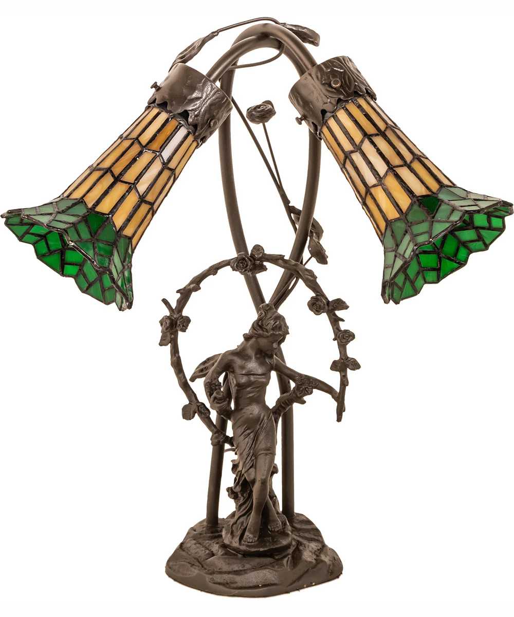 17" High Stained Glass Pond Lily 2 Light Trellis Girl Accent Lamp - Image 3