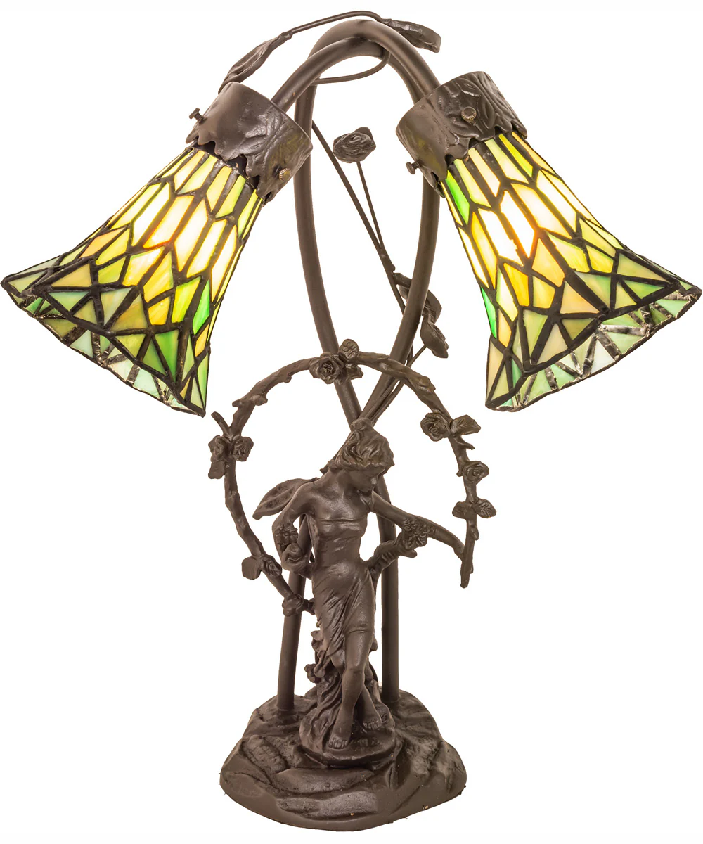 17" High Stained Glass Pond Lily 2 Light Trellis Girl Accent Lamp - Image 2