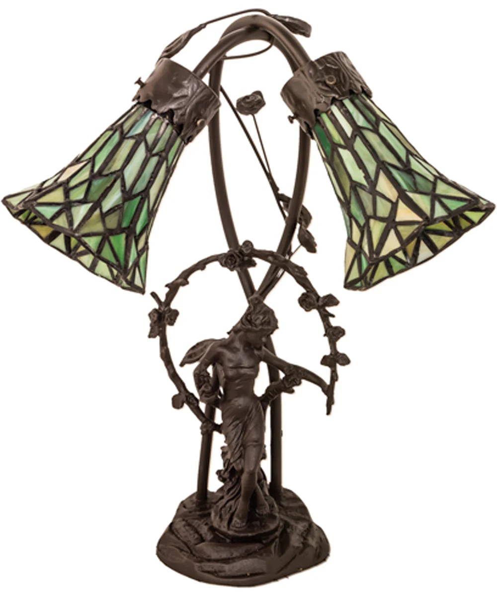 17" High Stained Glass Pond Lily 2 Light Trellis Girl Accent Lamp - Image 3