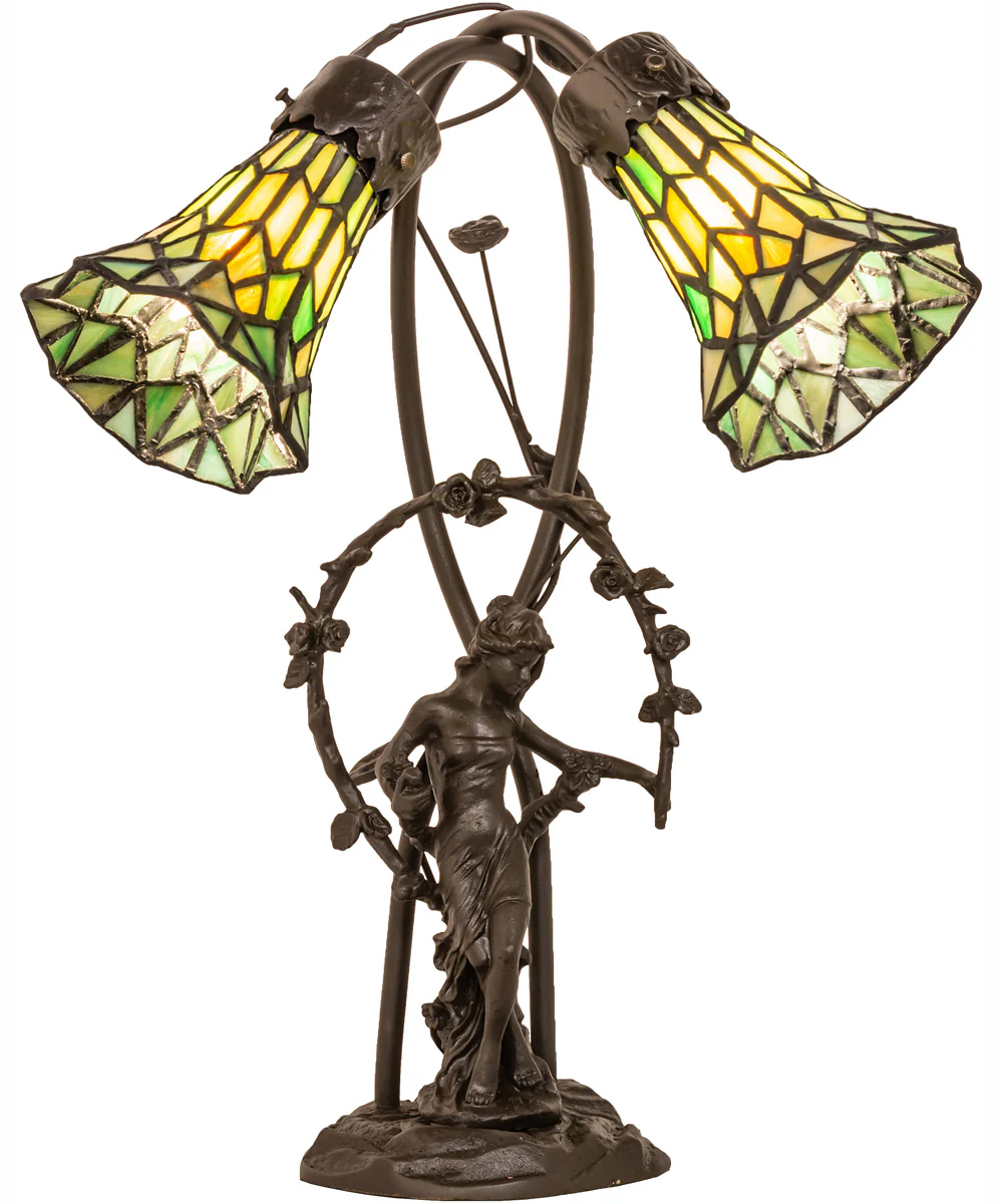 17" High Stained Glass Pond Lily 2 Light Trellis Girl Accent Lamp - Image 5