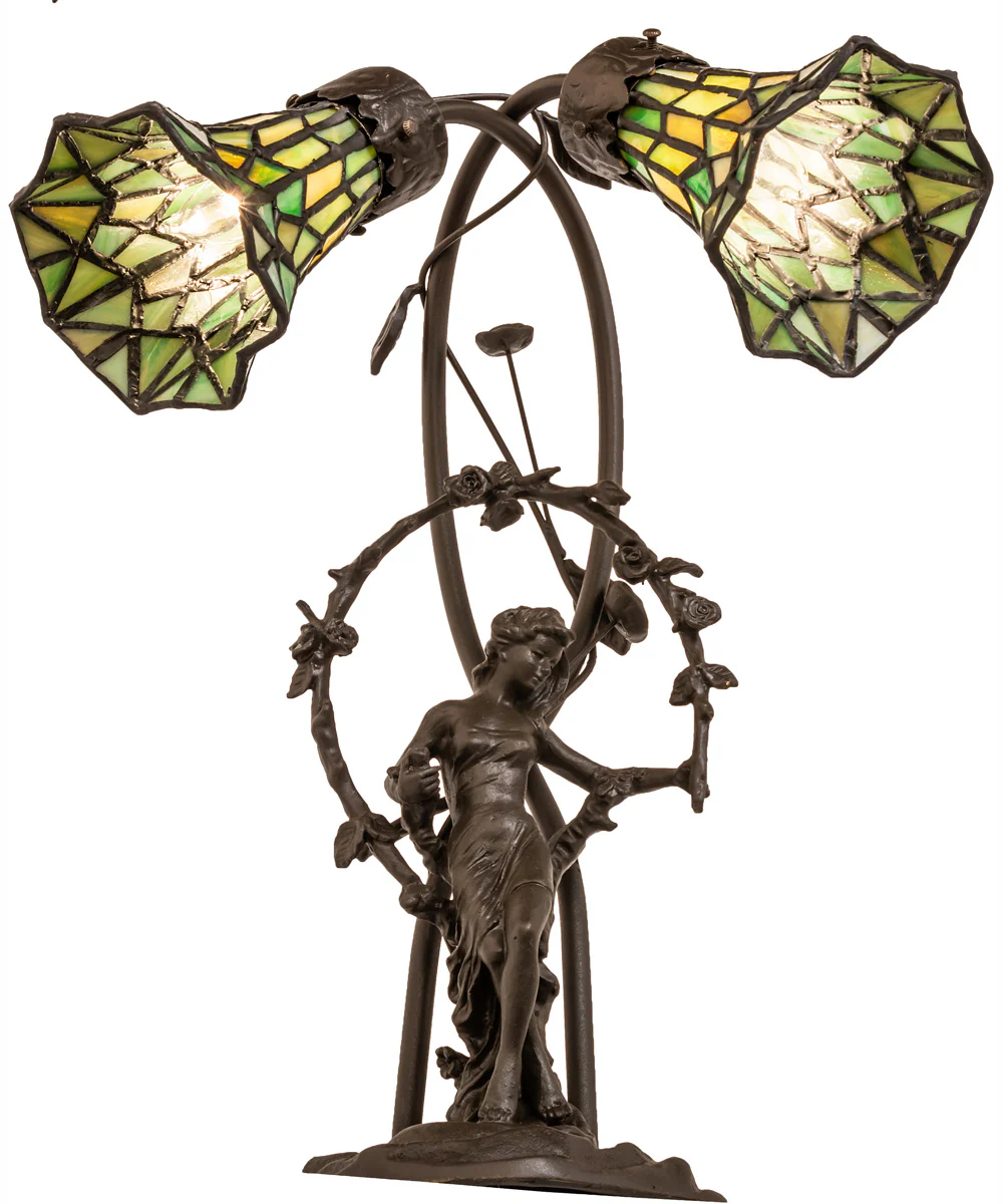 17" High Stained Glass Pond Lily 2 Light Trellis Girl Accent Lamp - Image 6