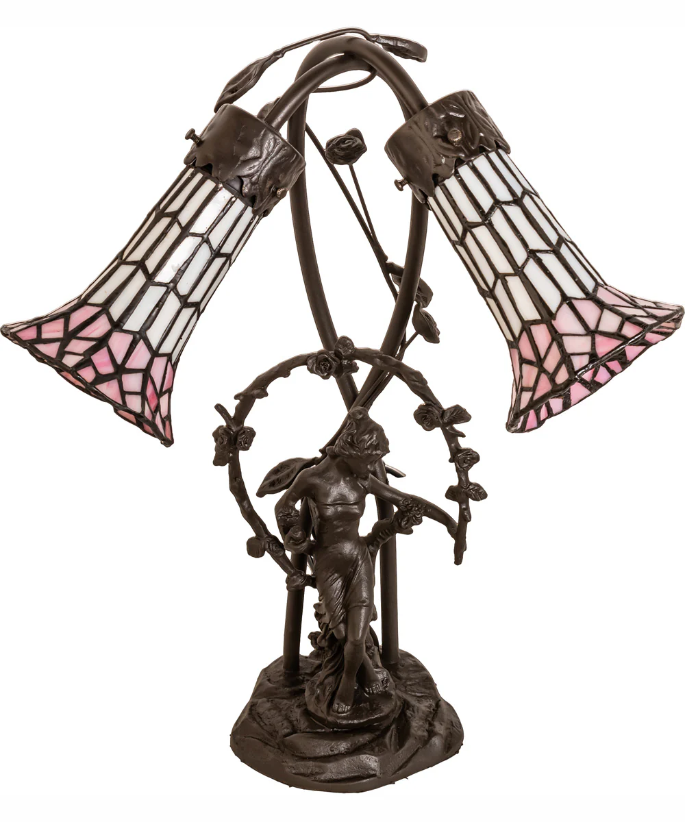17" High Stained Glass Pond Lily 2 Light Trellis Girl Accent Lamp - Image 3