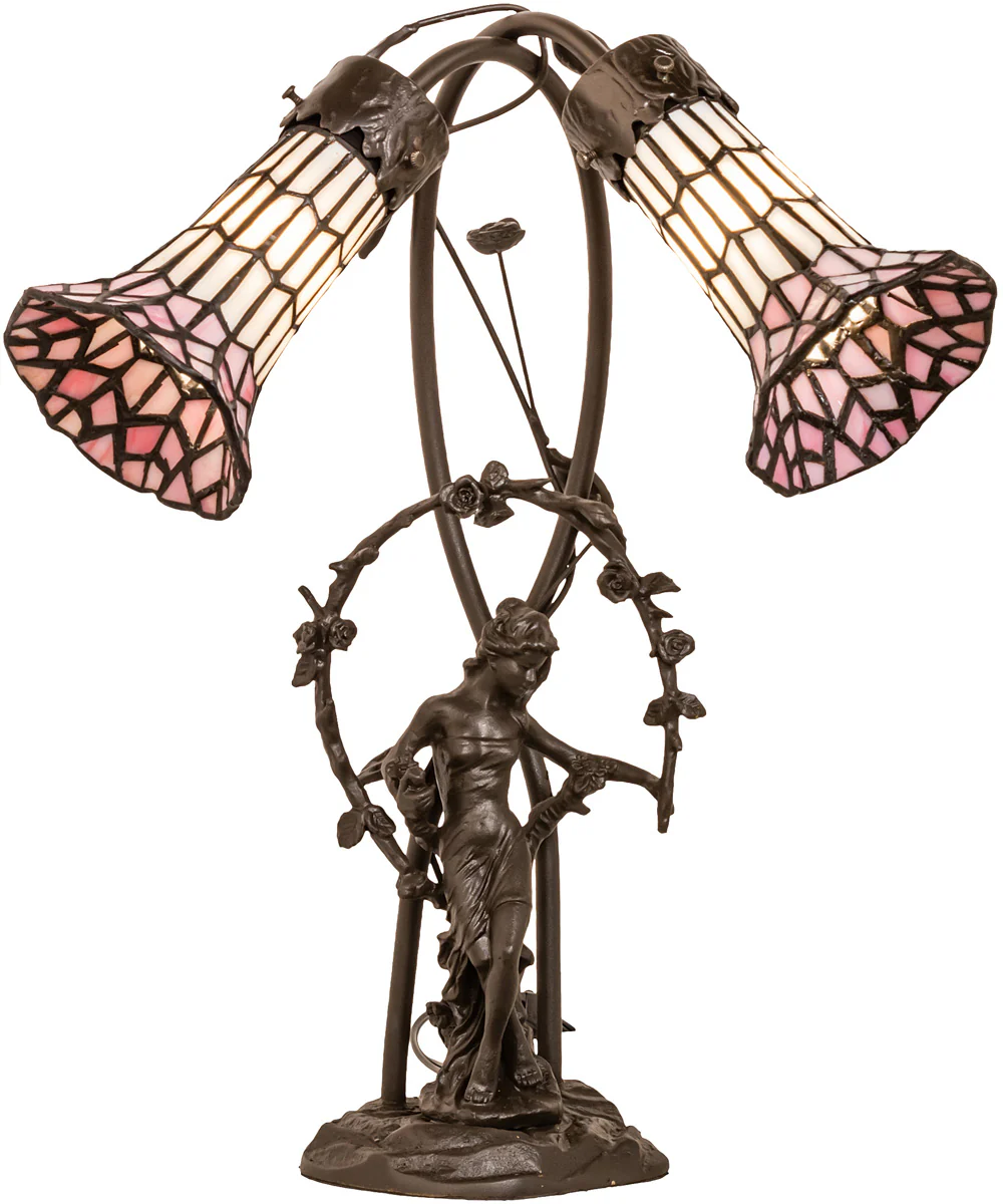 17" High Stained Glass Pond Lily 2 Light Trellis Girl Accent Lamp - Image 5