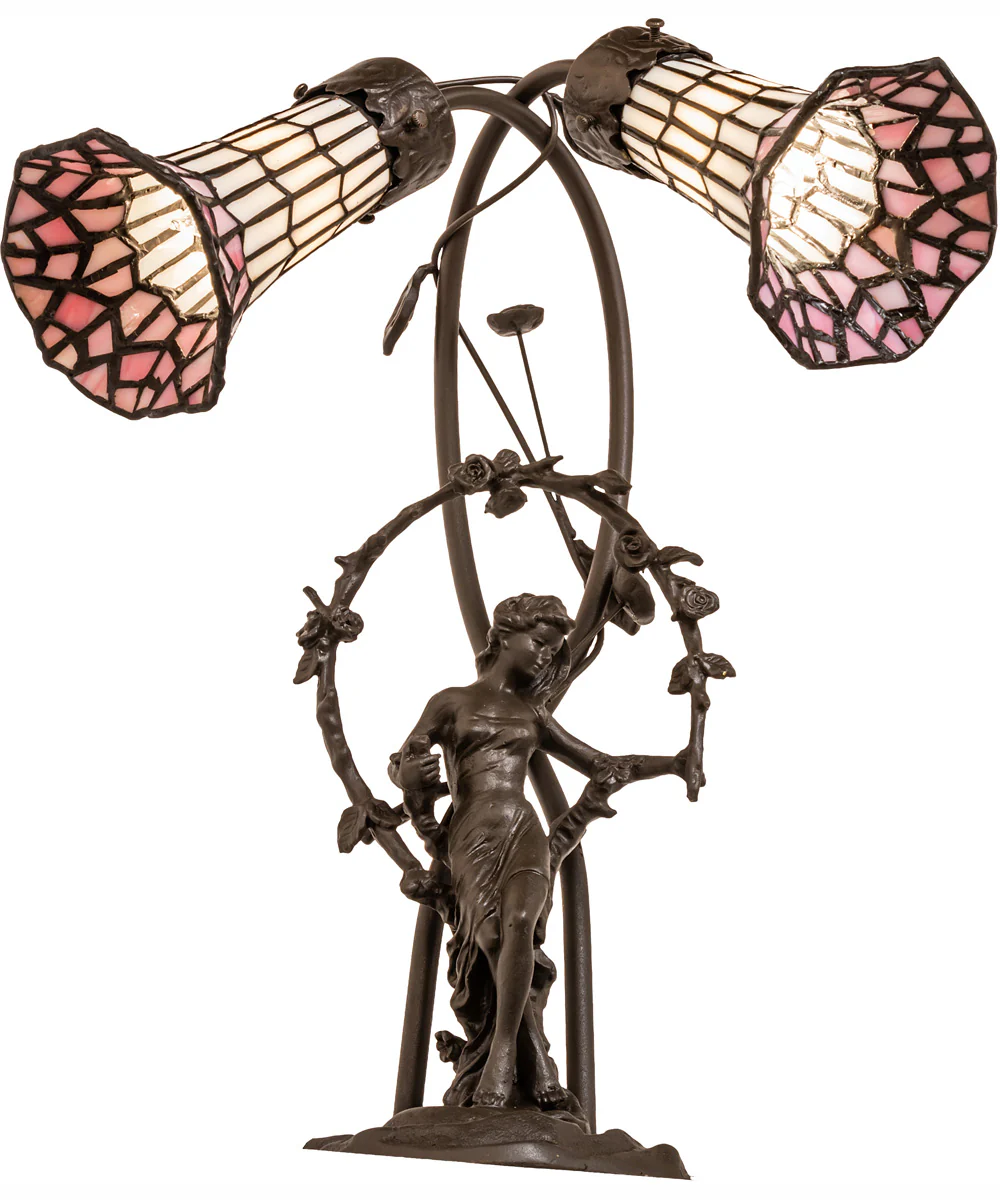 17" High Stained Glass Pond Lily 2 Light Trellis Girl Accent Lamp - Image 6