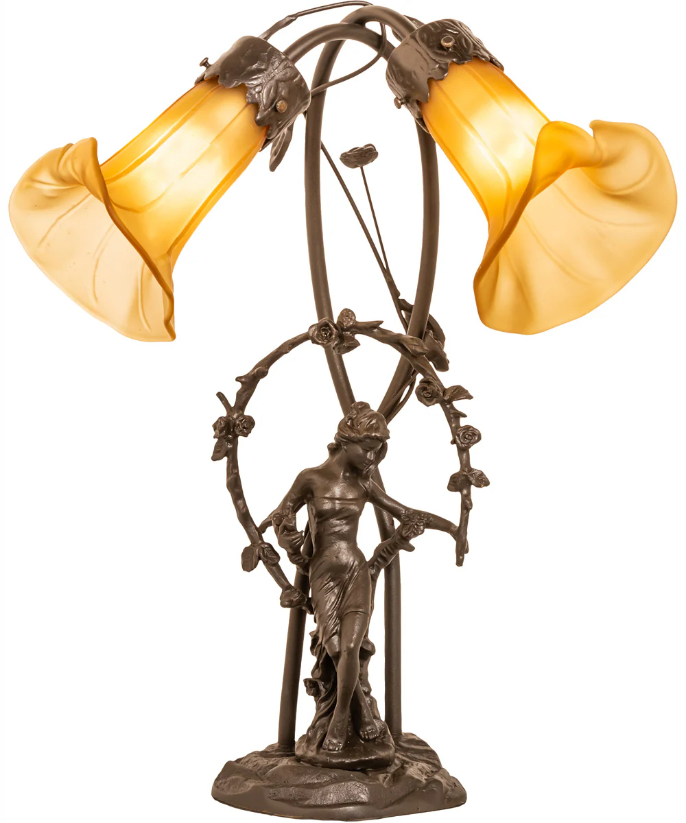 17" Wide Amber Tiffany Pond Lily 2 Light Trellis Girl Accent Lamp - Image 5