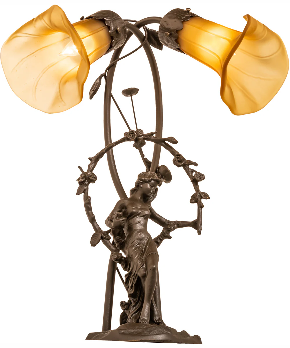 17" Wide Amber Tiffany Pond Lily 2 Light Trellis Girl Accent Lamp - Image 6
