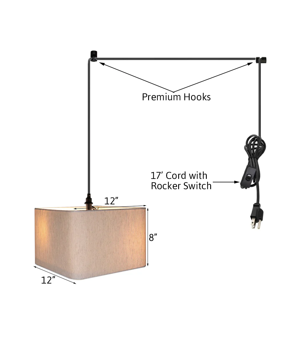 2 Light Swag Plug-In Pendant 12"w Rounded Corner Square Oatmeal Drum Shade with Diffuser, Black Cord - Image 2