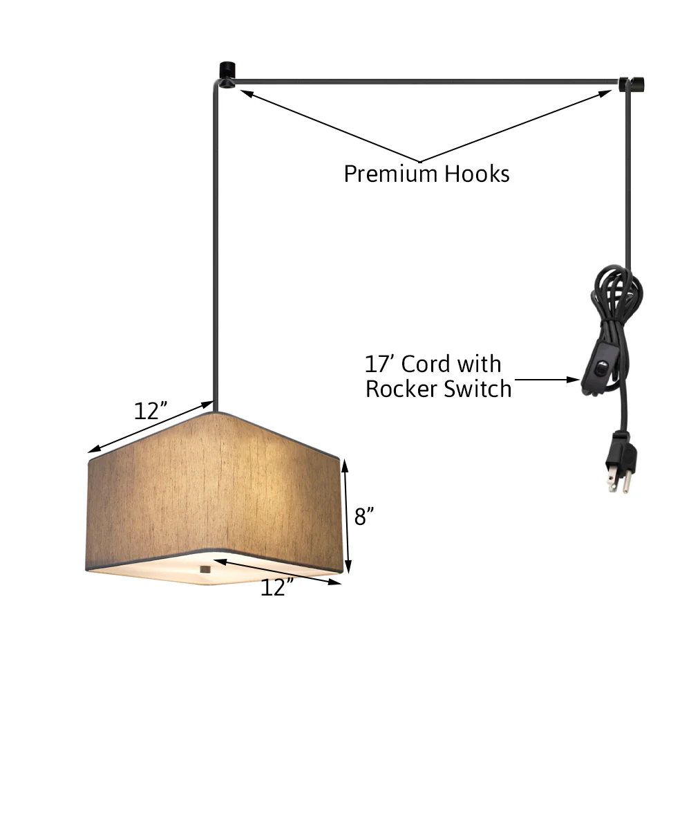 2 Light Swag Plug-In Pendant 14"w Rounded Corner Square Oatmeal Drum Shade with Diffuser, Black Cord - Image 2