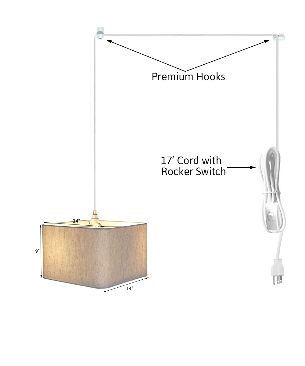 2 Light Swag Plug-In Pendant 14"w Rounded Corner Square Oatmeal Drum Shade with Diffuser, White Cord - Image 4