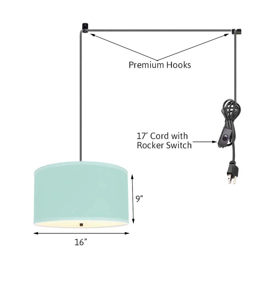 2 Light Swag Plug-In Pendant 16"w Island Paradise Aqua Linen Drum with Diffuser, Black Cord - Image 3