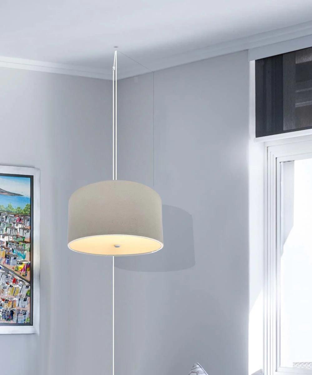 2 Light Swag Plug-In Pendant 16"w Light Oatmeal Linen Drum with Diffuser, White Cord - Image 2