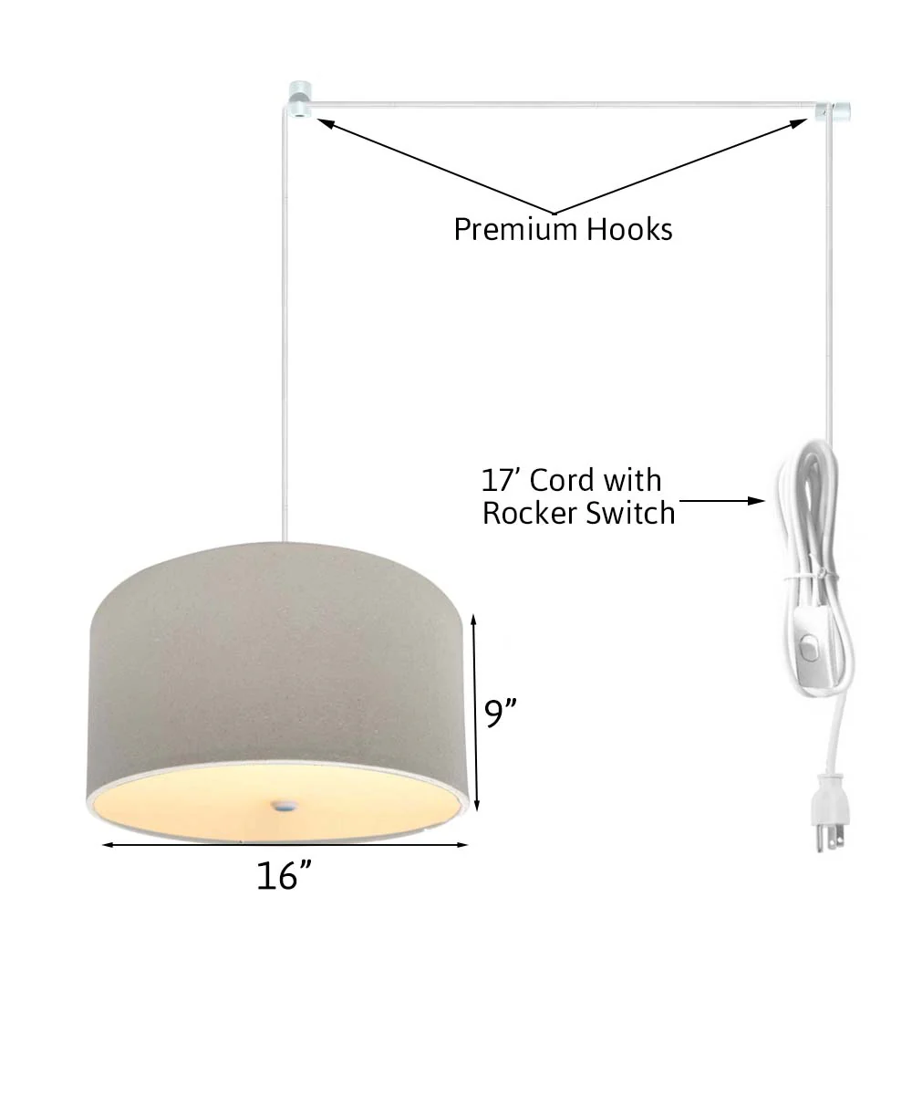 2 Light Swag Plug-In Pendant 16"w Light Oatmeal Linen Drum with Diffuser, White Cord - Image 3