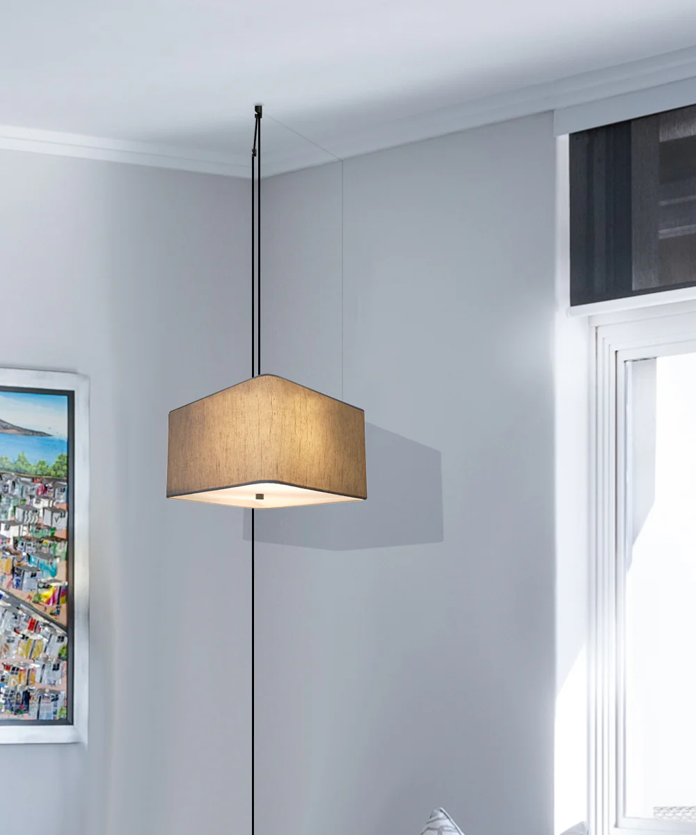 2 Light Swag Plug-In Pendant 16"w Rounded Corner Square Oatmeal Drum Shade with Diffuser, Black Cord - Image 3