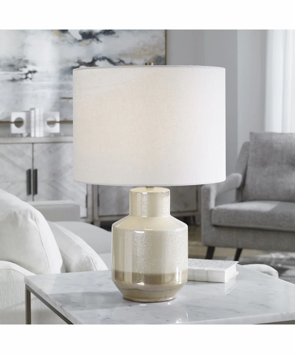 21"H 1-Light Table Lamp Ceramic and Steel in Cream and Blue with a Rolled-Edge Drum Shade - Image 2