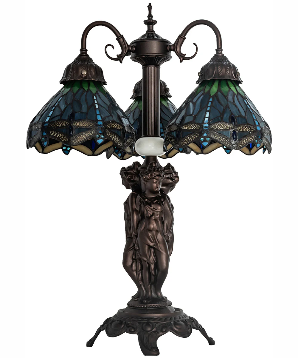 23" High Tiffany Hanginghead Dragonfly 3 Light Table Lamp - Image 3