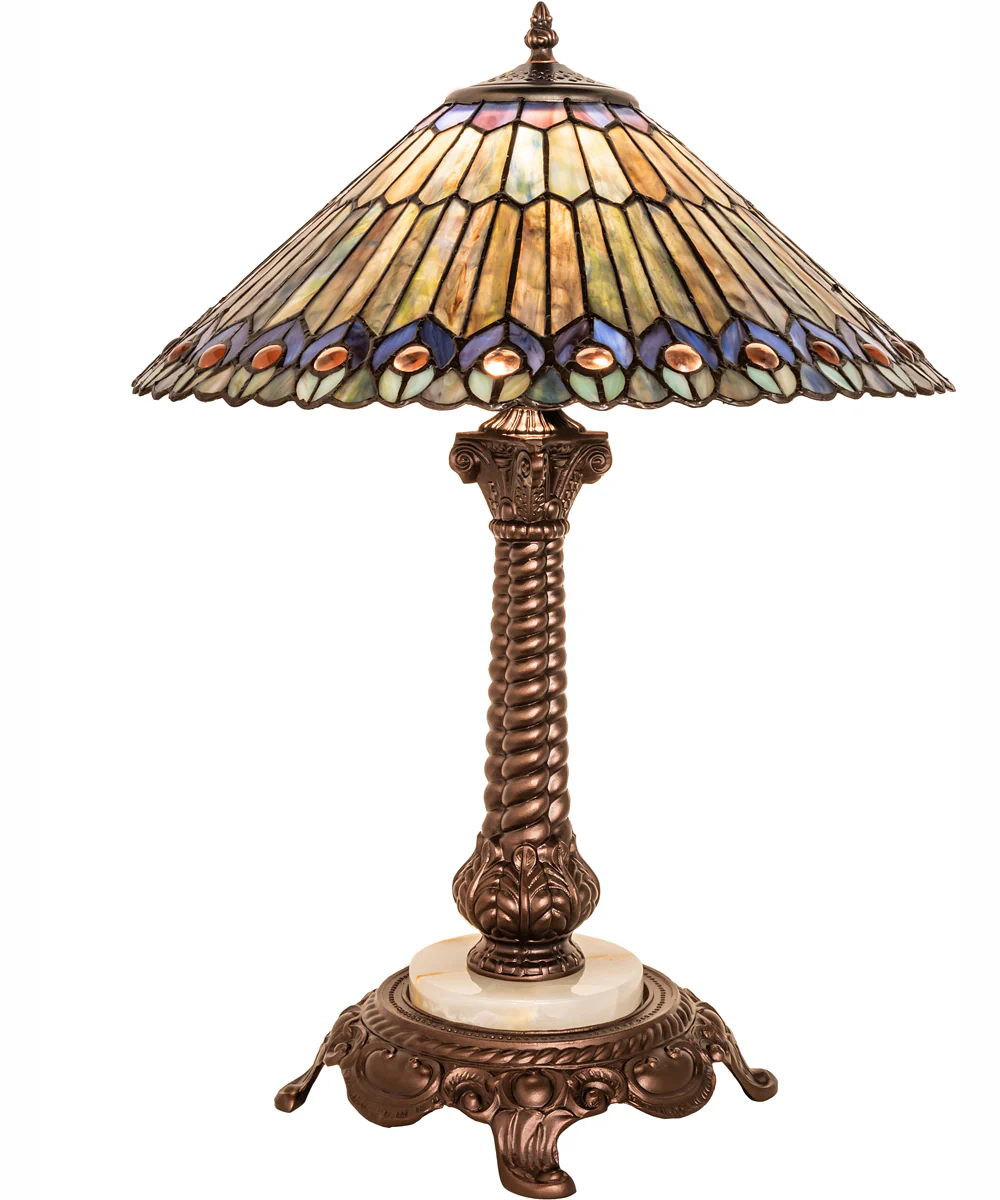 23" High Tiffany Jeweled Peacock Table Lamp