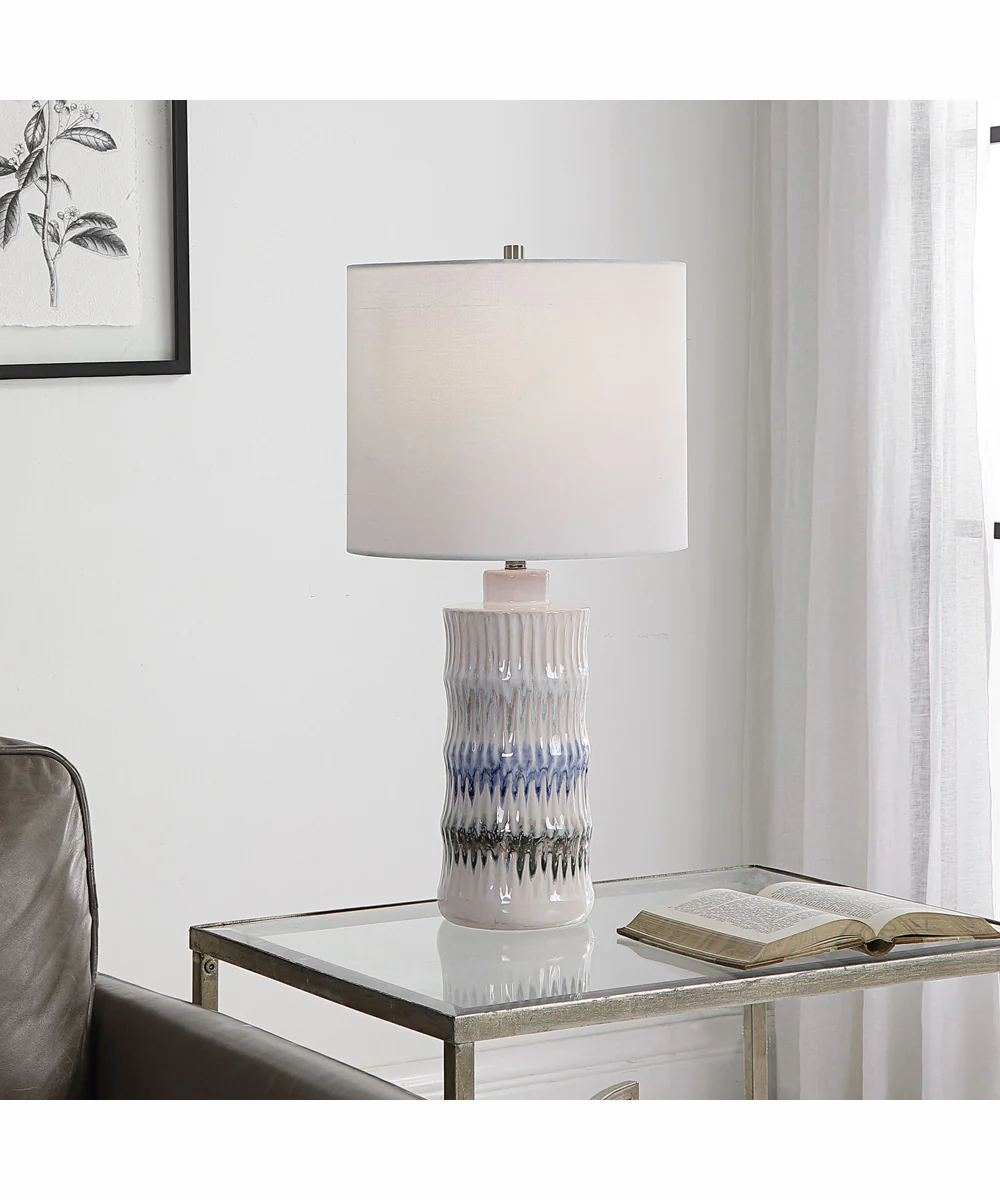 23"H 1-Light Table Lamp Ceramic and Steel in Cream and Tan and Blue with a Rolled-Edge Drum Shade - Image 2