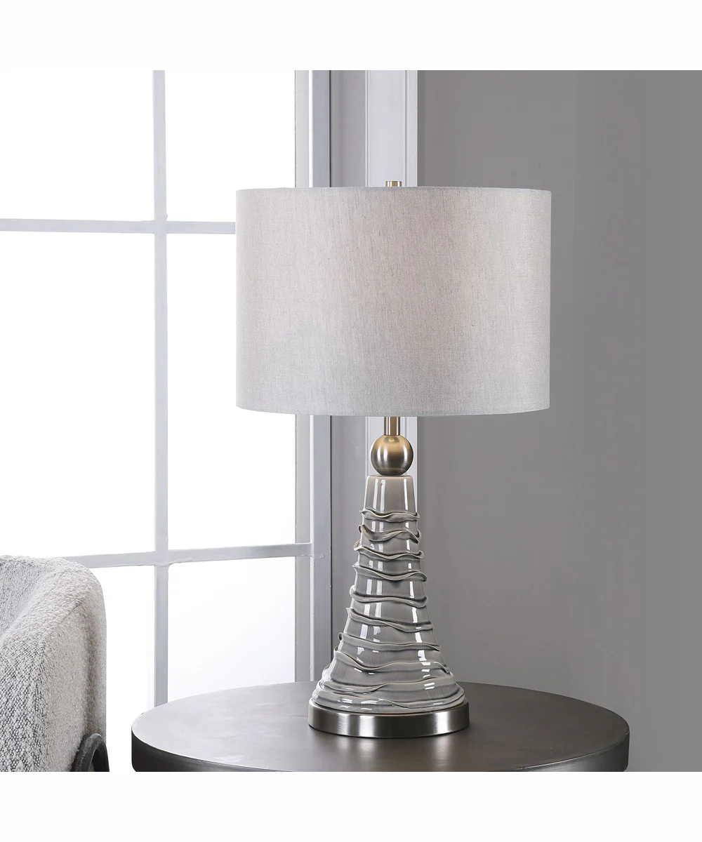 24"H 1-Light Table Lamp Ceramic and Iron in Gray and Wavy Lines and Brushed Nickel with a KD Round Drum Shade - Image 2