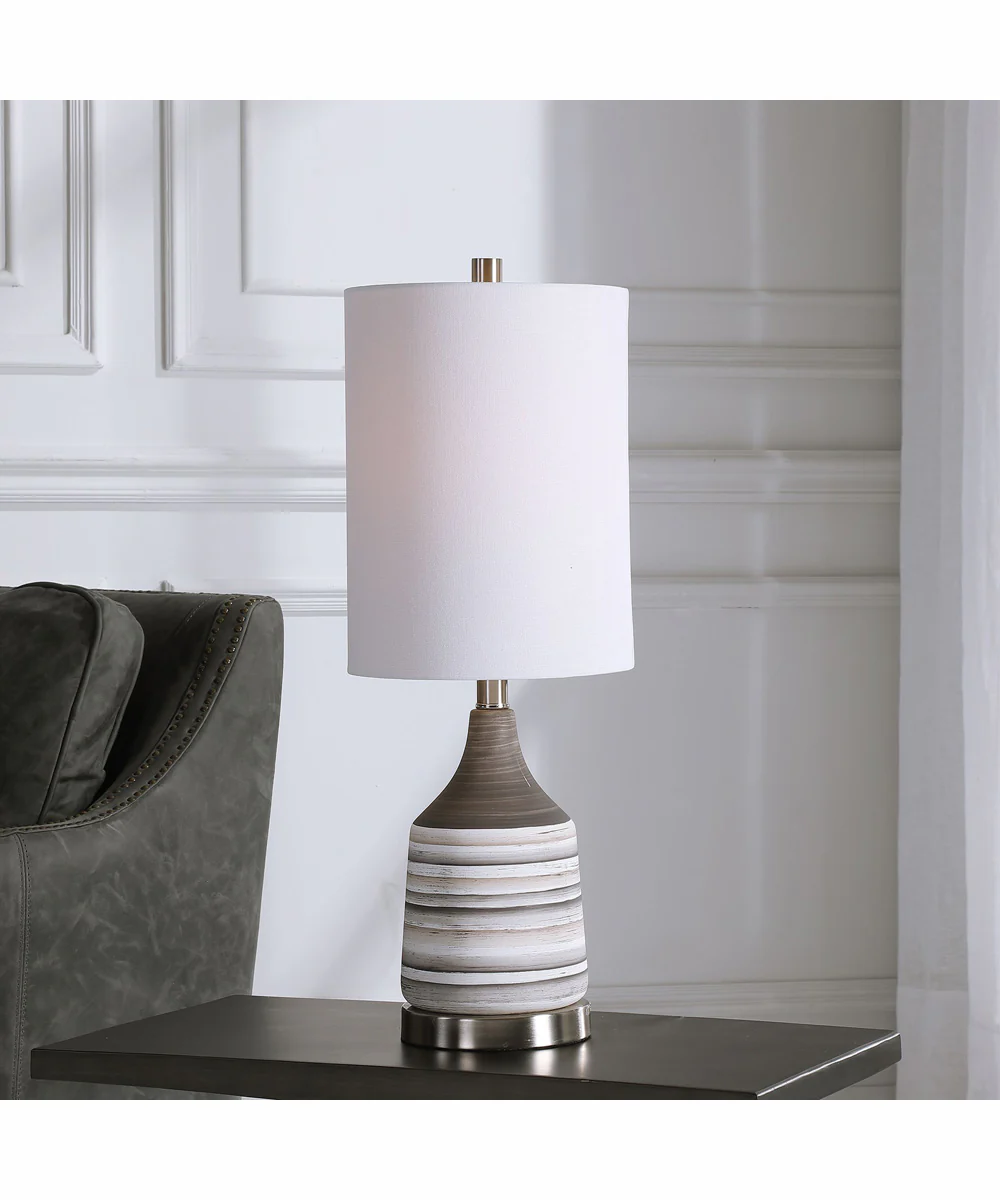 24"H 1-Light Table Lamp Ceramic and Iron in Striped Charcoal with Brushed Nickel with a Round Drum Shade - Image 2