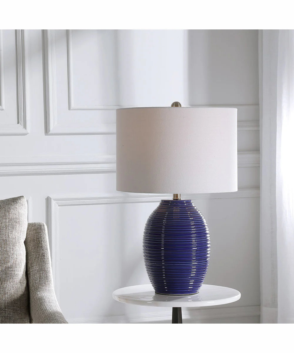 24"H 1-Light Table Lamp Ceramic and Steel in Indigo Blue and Brushed Nickel with a Drum Shade - Image 2
