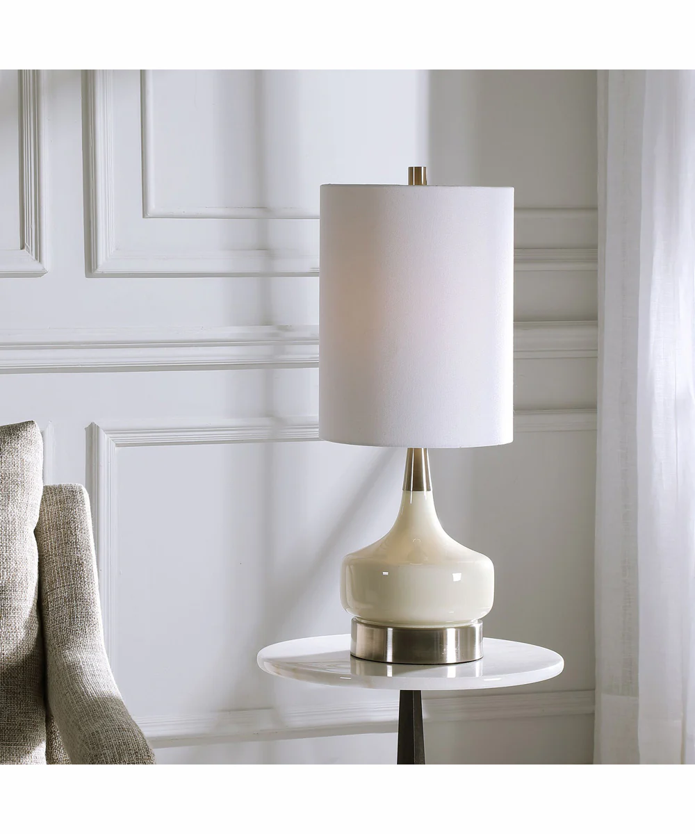 25"H 1-Light Table Lamp Steel and Glass in Brushed Nickel and White with a Drum Shade - Image 2