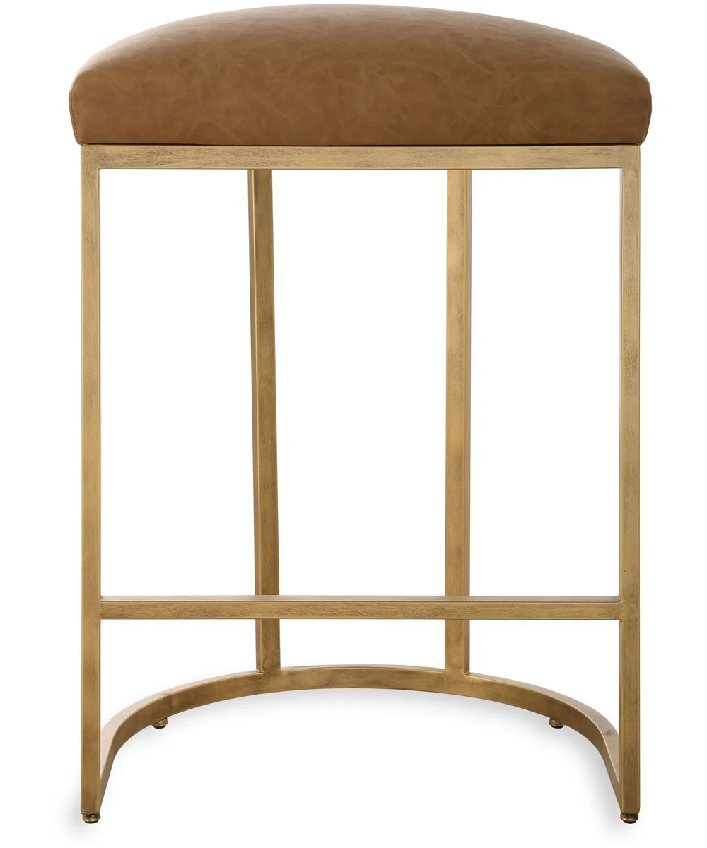 26" Counter Stool Antique Bruhed Brass  with Camel Faux Leather