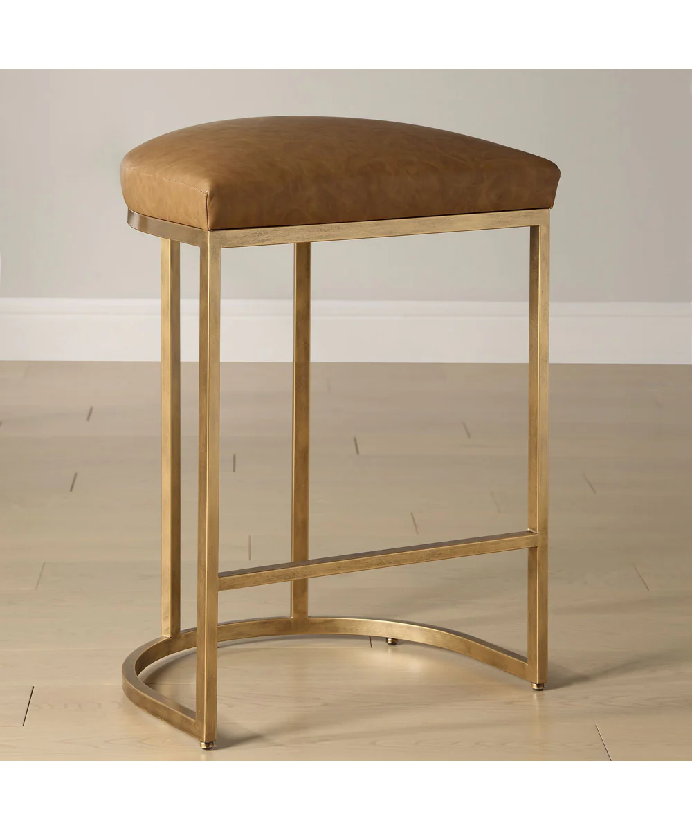 26" Counter Stool Antique Bruhed Brass  with Camel Faux Leather - Image 2