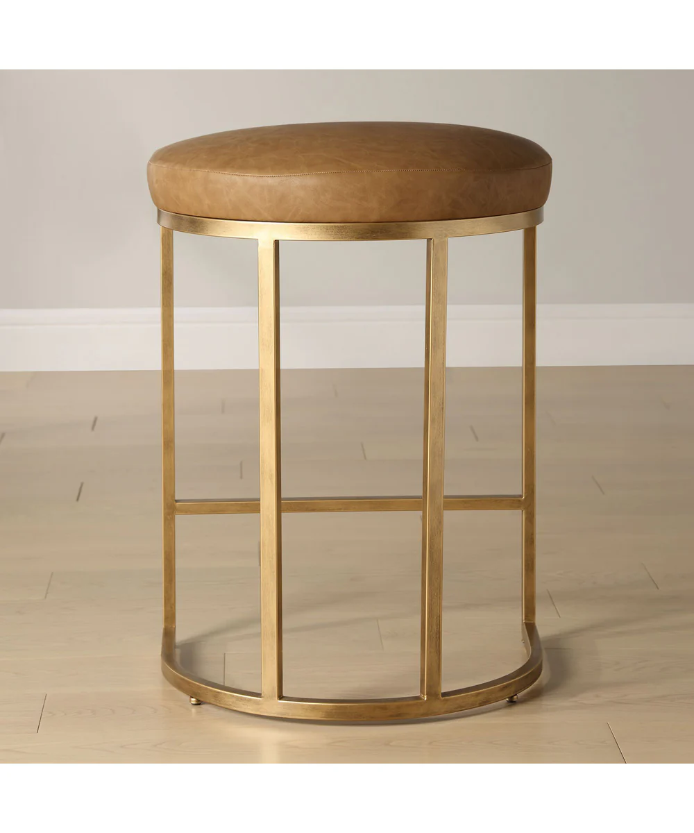 26" Counter Stool Antique Bruhed Brass  with Camel Faux Leather - Image 3