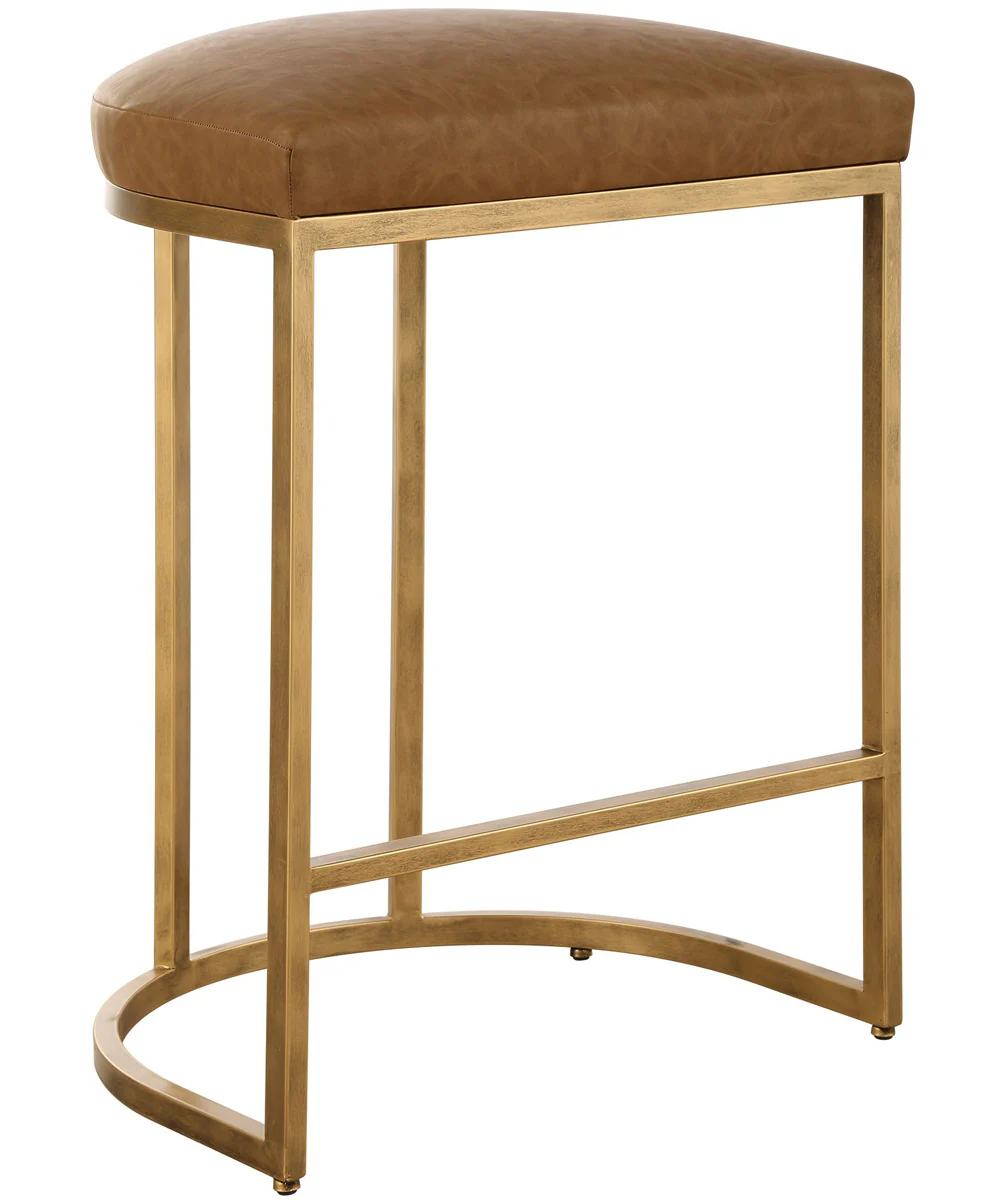 26" Counter Stool Antique Bruhed Brass  with Camel Faux Leather - Image 4