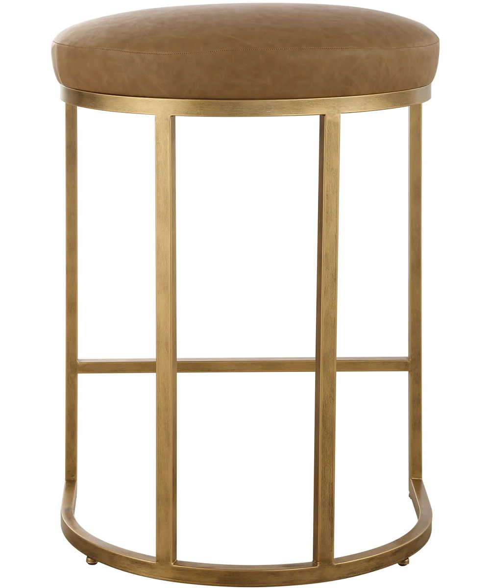 26" Counter Stool Antique Bruhed Brass  with Camel Faux Leather - Image 6