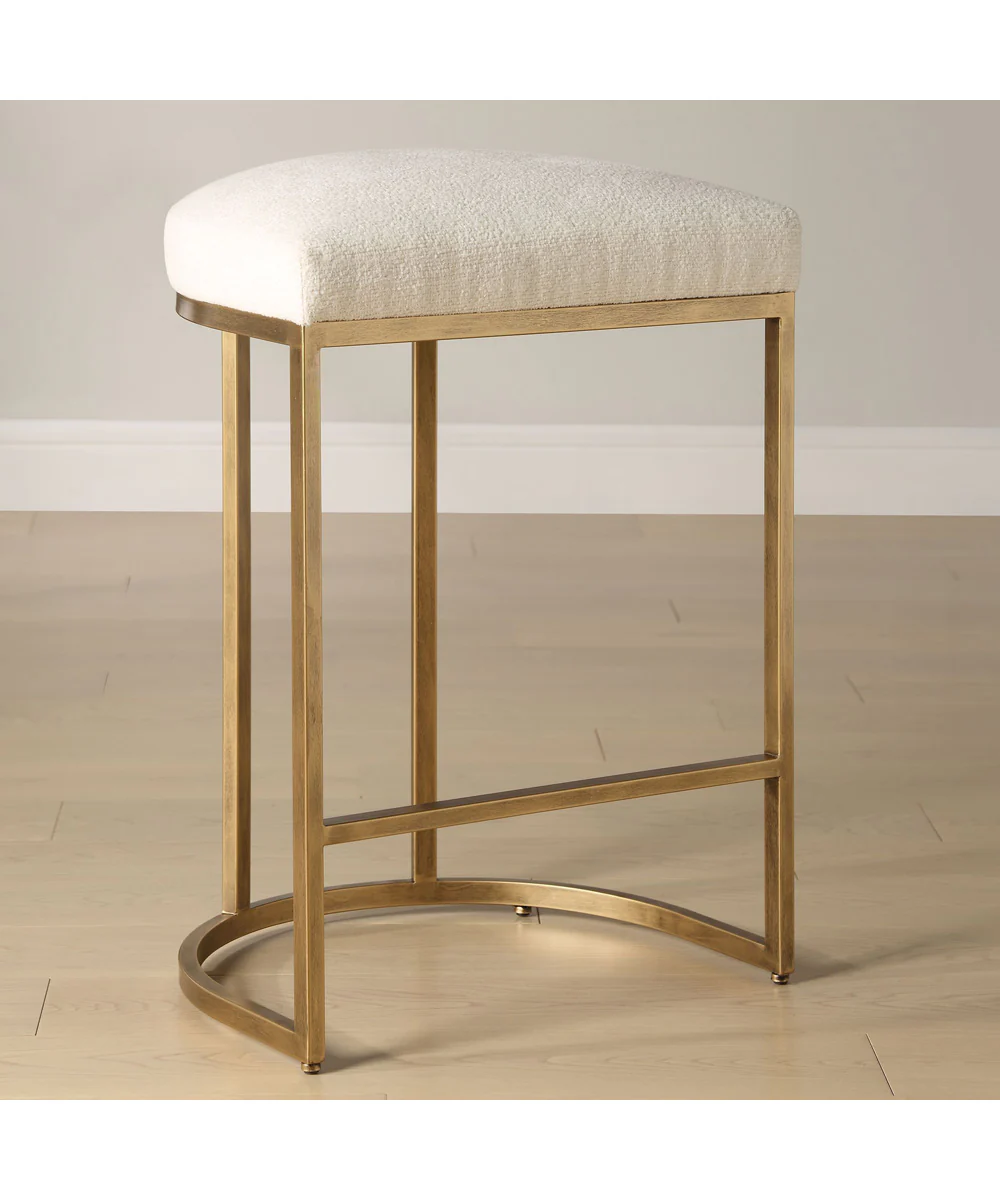 26" Counter Stool Antiqur Brushed Brassh with Light Cream Fabric - Image 2