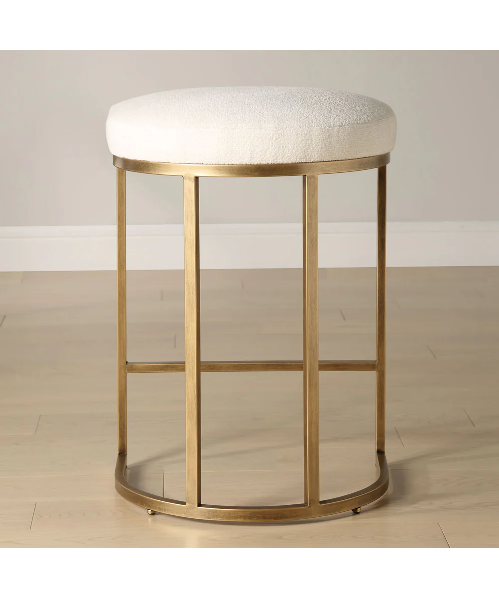 26" Counter Stool Antiqur Brushed Brassh with Light Cream Fabric - Image 3