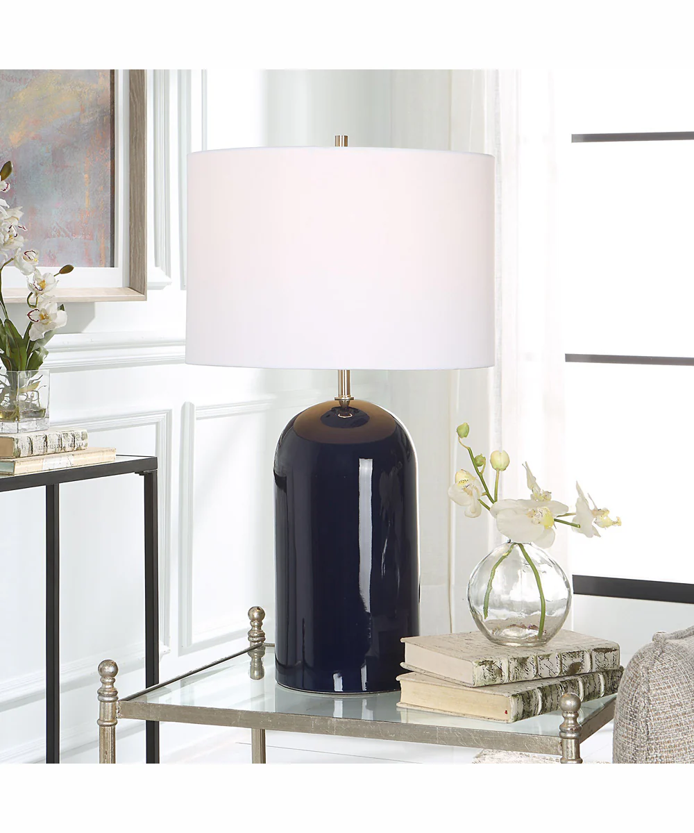 27"H 1-Light Table Lamp Ceramic and Metal in Navy Blue and Brushed Nickel with a Round Shade - Image 2