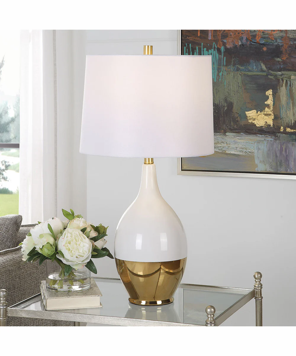 27"H 1-Light Table Lamp Ceramic in White and Gold with a Tapered Drum Shade - Image 2