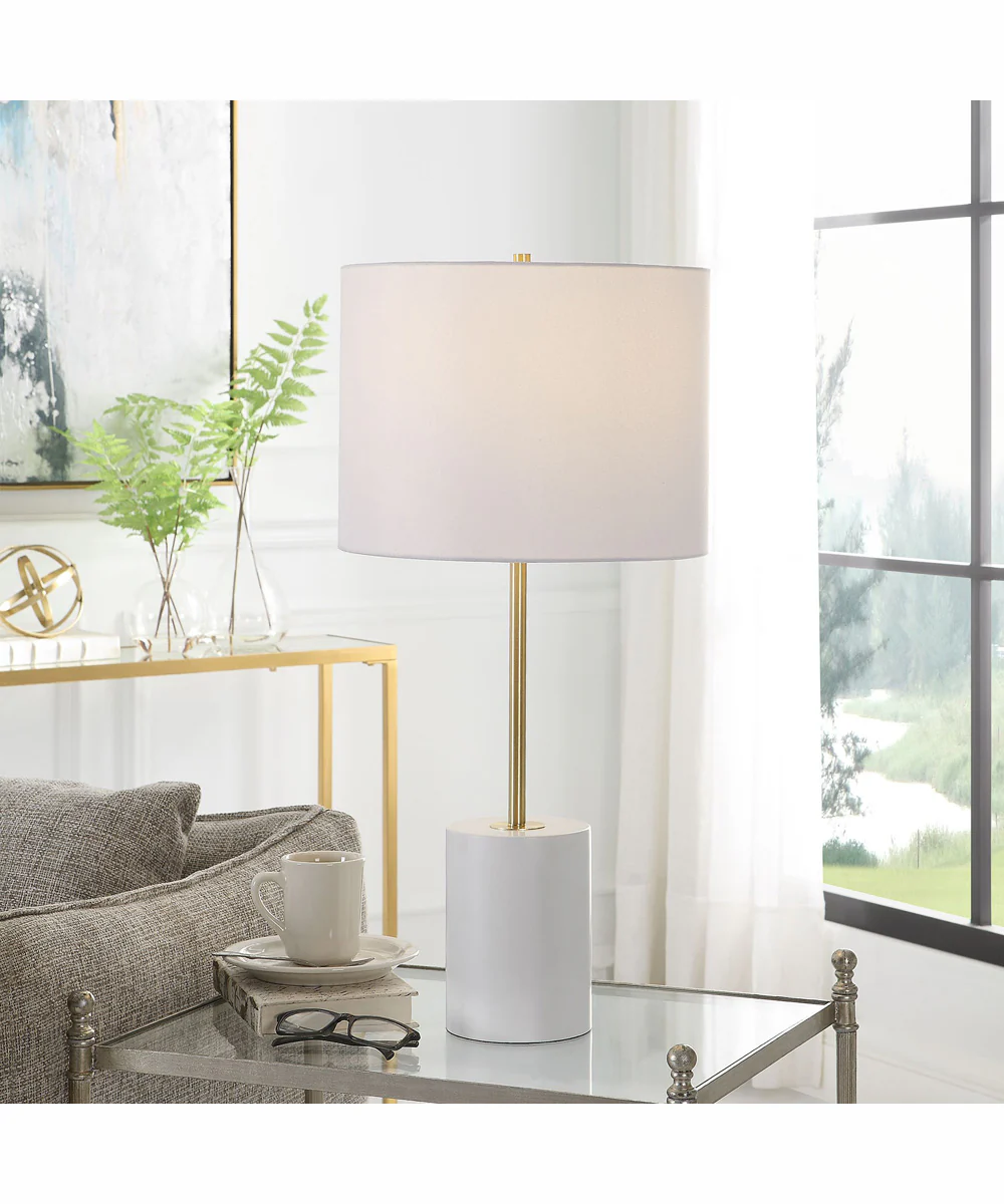 28"H 1-Light Table Lamp Metal in White and Gold with a Drum Shade - Image 2