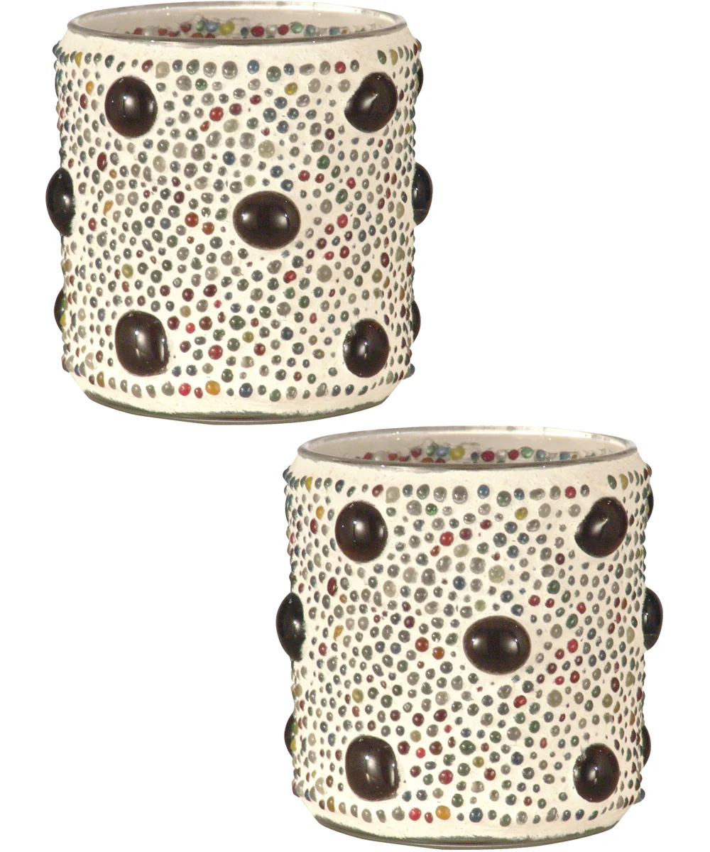 3 Inch H Beaded Jewel 2-Pack Mosaic Art Glass Candle Votive Set