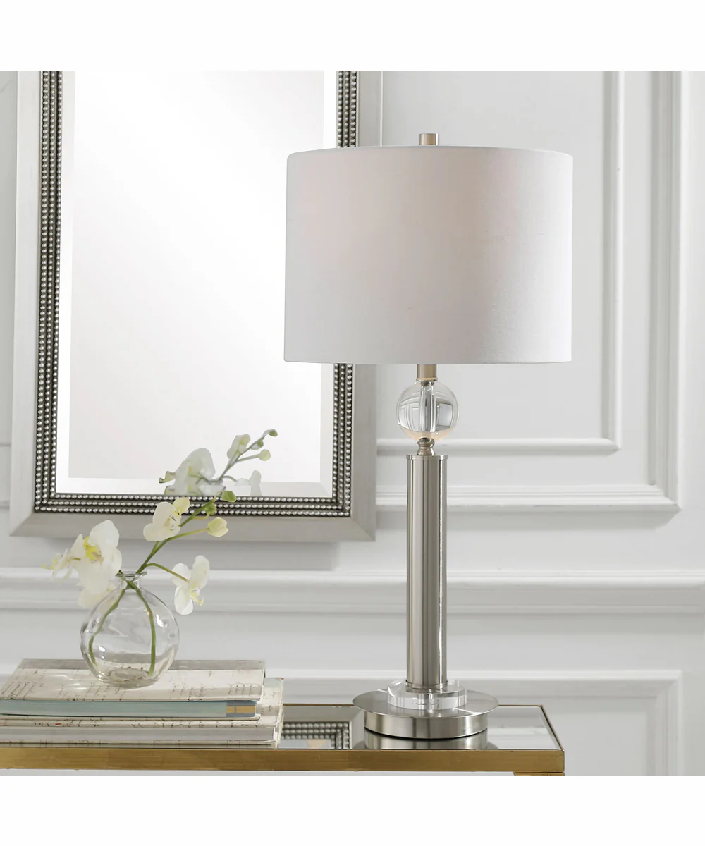 30"H 1-Light Table Lamp Metal and Crystal in Brushed Nickel and Crystal with a Round Shade - Image 2