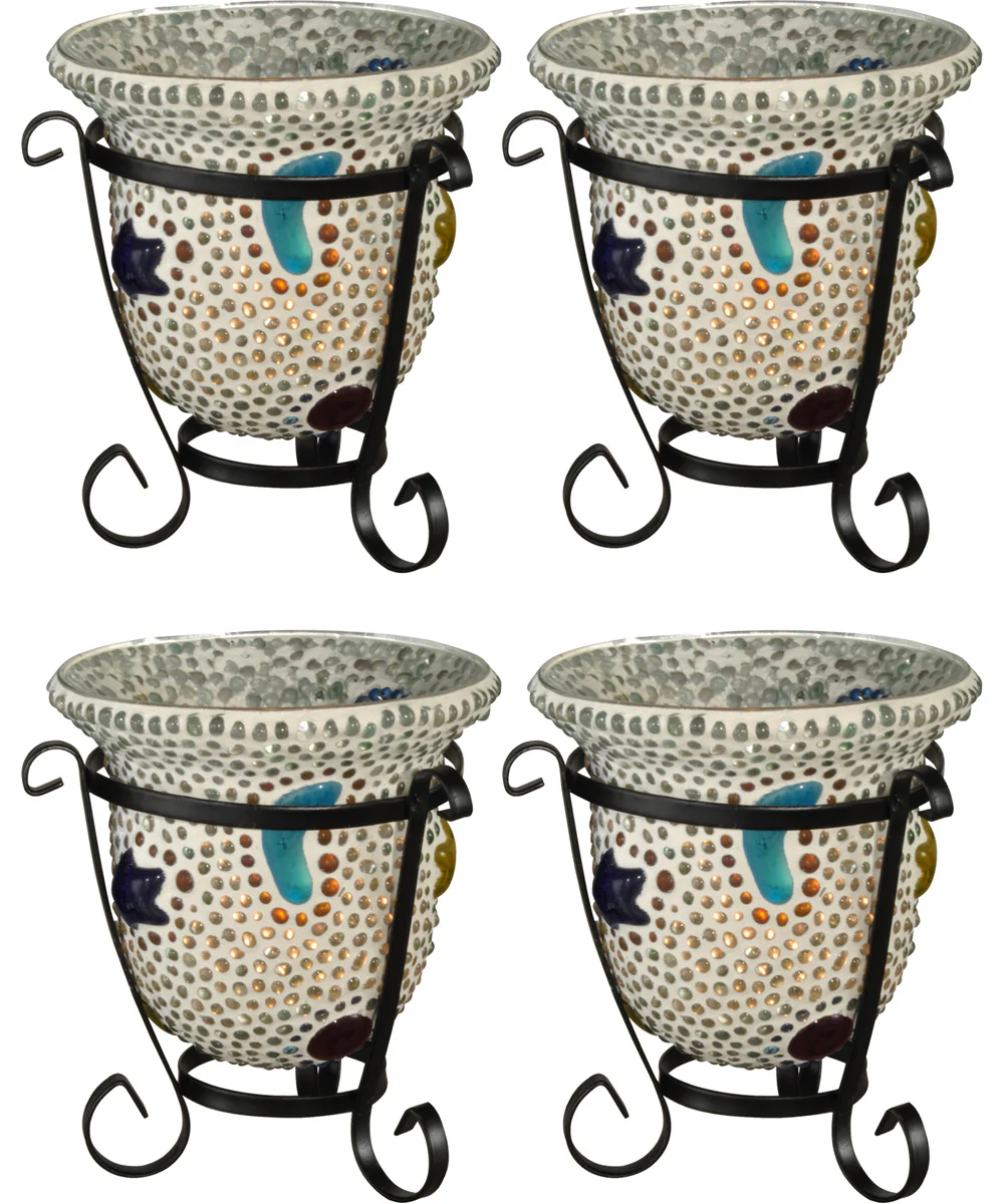 4 Inch H Bead Star Cup 4-Piece Mosaic Art Glass Candle Votive Set