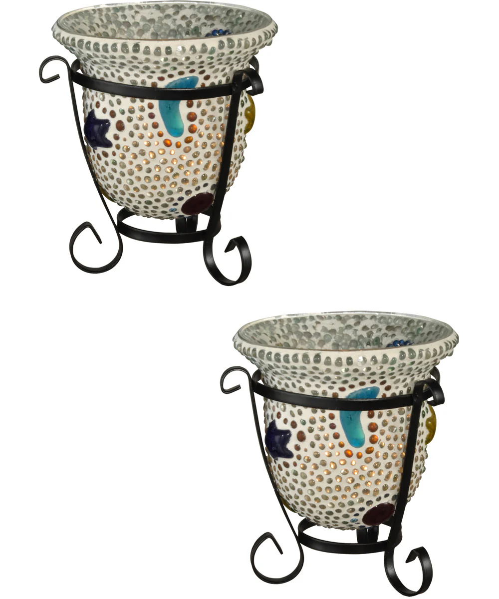 4 Inch H Beaded Star Cup 2-Pack Mosaic Art Glass Candle Votive Set