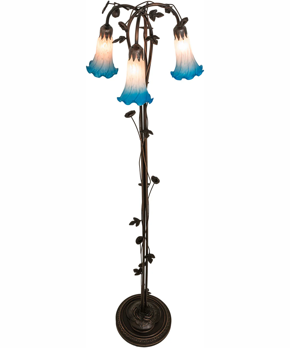 58" High Pink/Blue Tiffany Pond Lily 3 Light Floor Lamp - Image 4