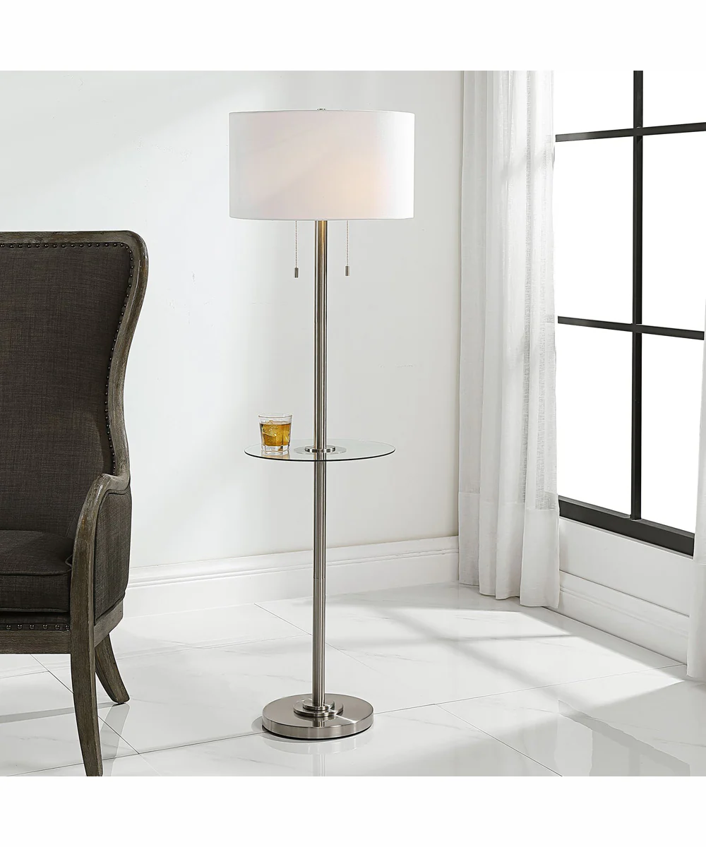 60"H 2-Light Floor Lamp Metal and Glass in Brushed Nickel with a Round Shade - Image 2