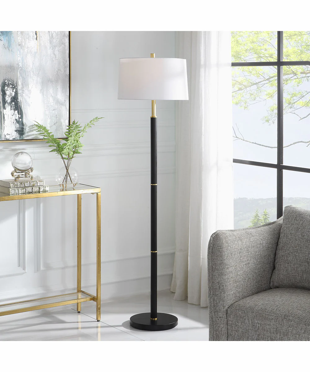 62"H 1-Light Floor Lamp Metal in Black and Gold with a Round Shade - Image 2