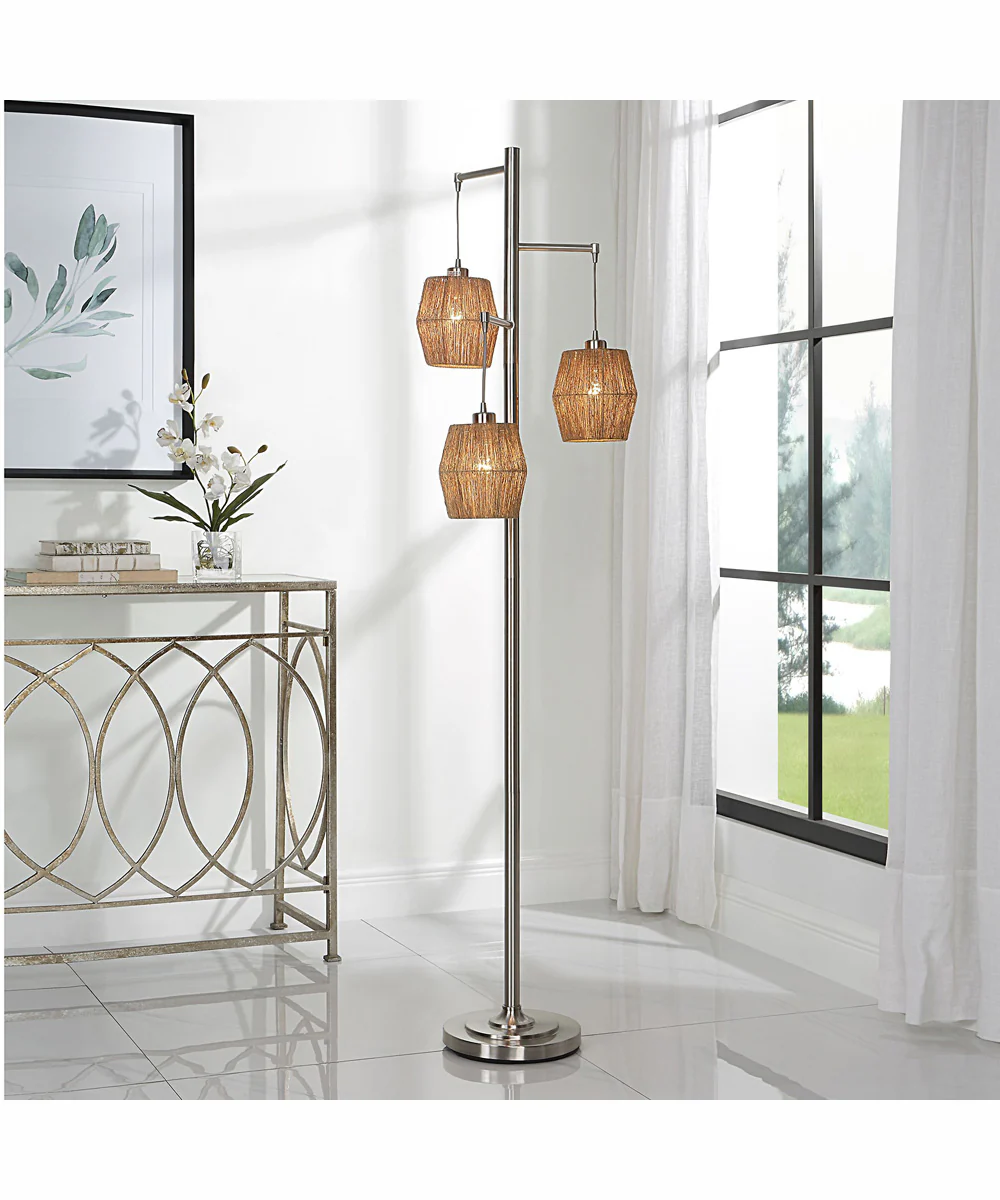 73"H 3-Light Floor Lamp Metal and Rope in Brushed Nickel with a Round Shade - Image 2