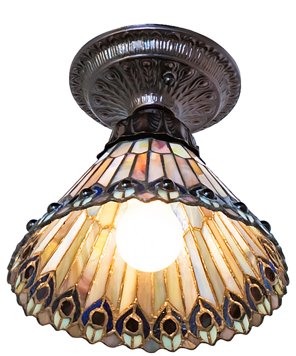 8" Wide Tiffany Jeweled Peacock Flushmount - Image 5