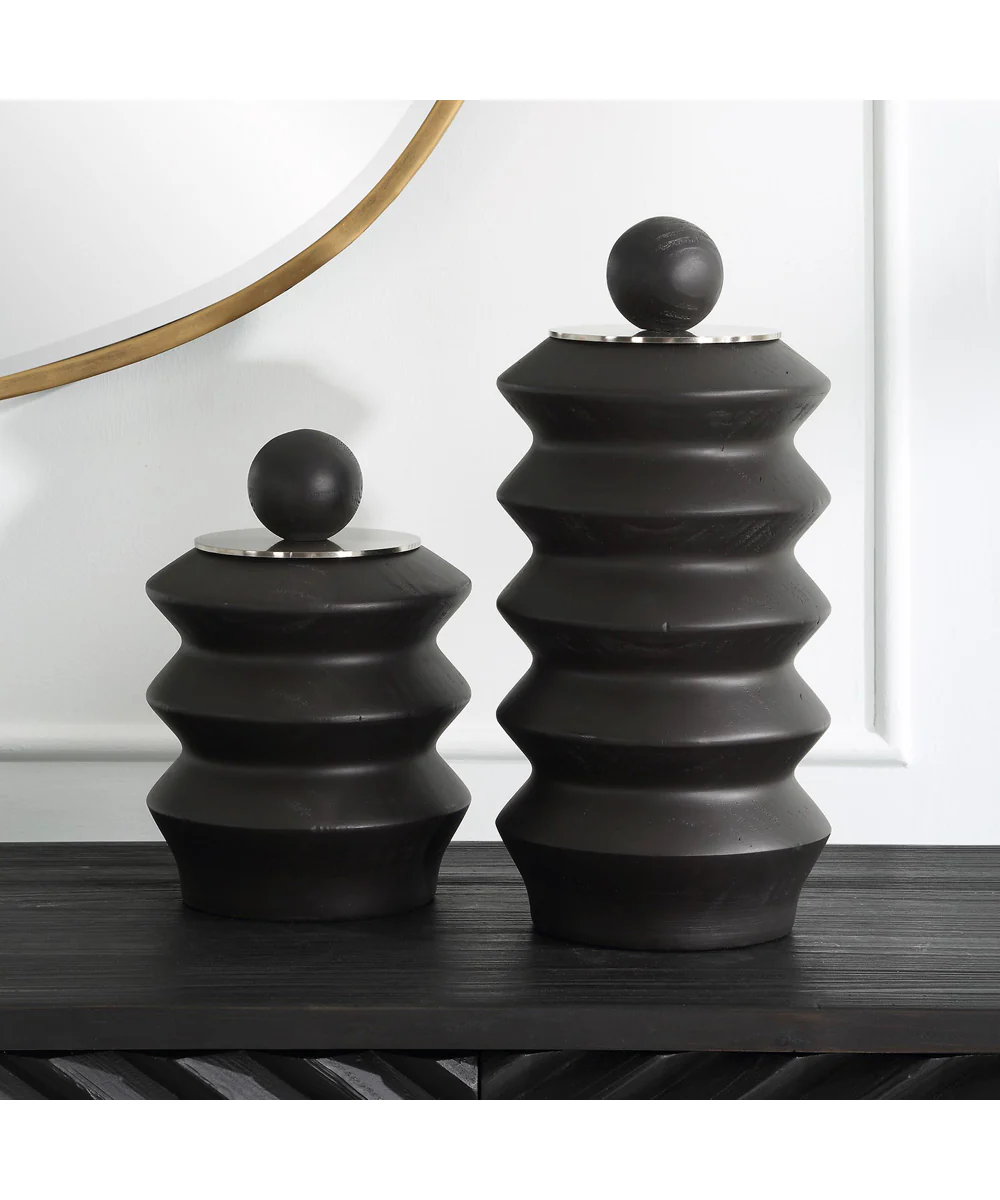Accordion Black Wood Containers, Set of 2 - Image 2