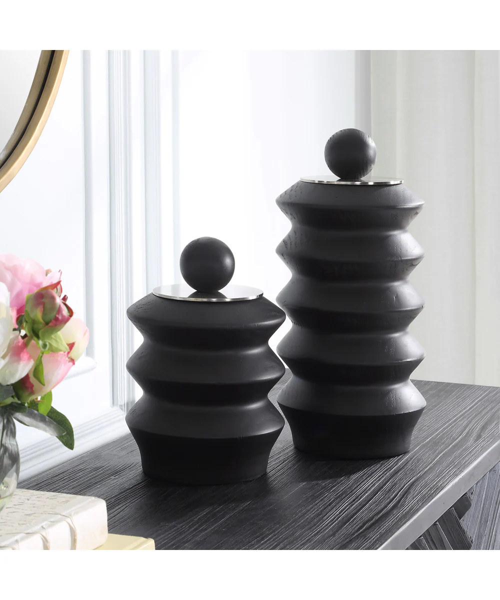 Accordion Black Wood Containers, Set of 2 - Image 3