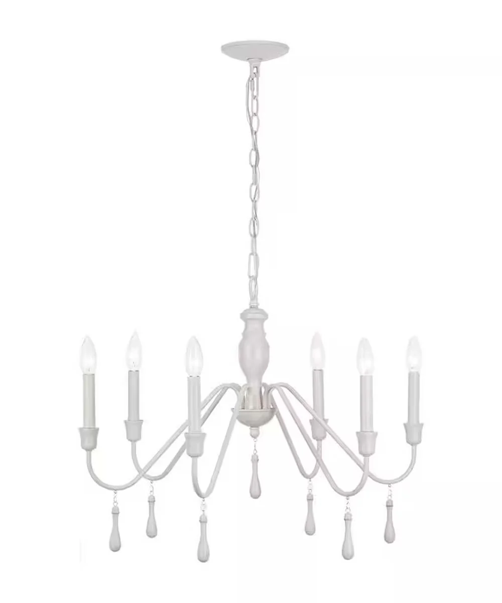 Alsy 26"W 6-Light Distressed-White Beaded Modern Farmhouse Cottage Chandelier