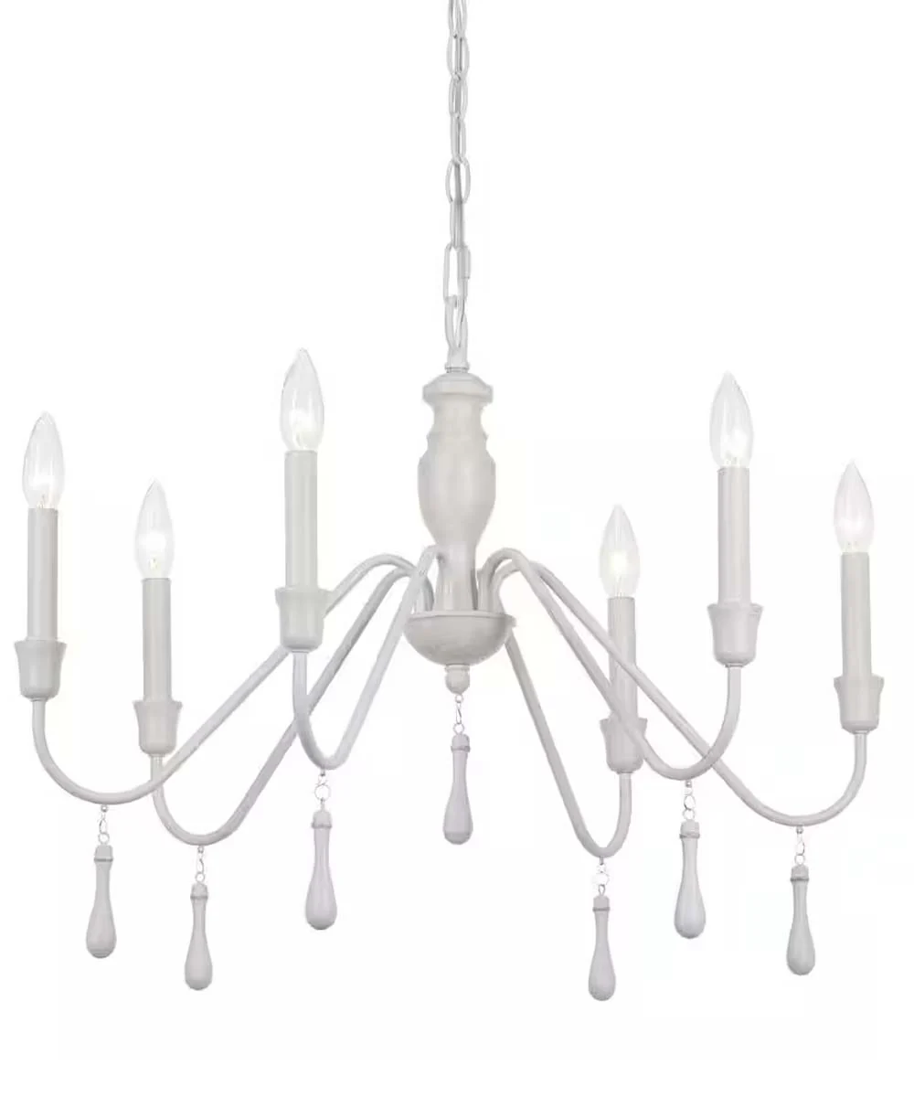 Alsy 26"W 6-Light Distressed-White Beaded Modern Farmhouse Cottage Chandelier - Image 4